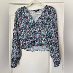 Lulu's Pink and Blue Crop Blouse with Notched Collar